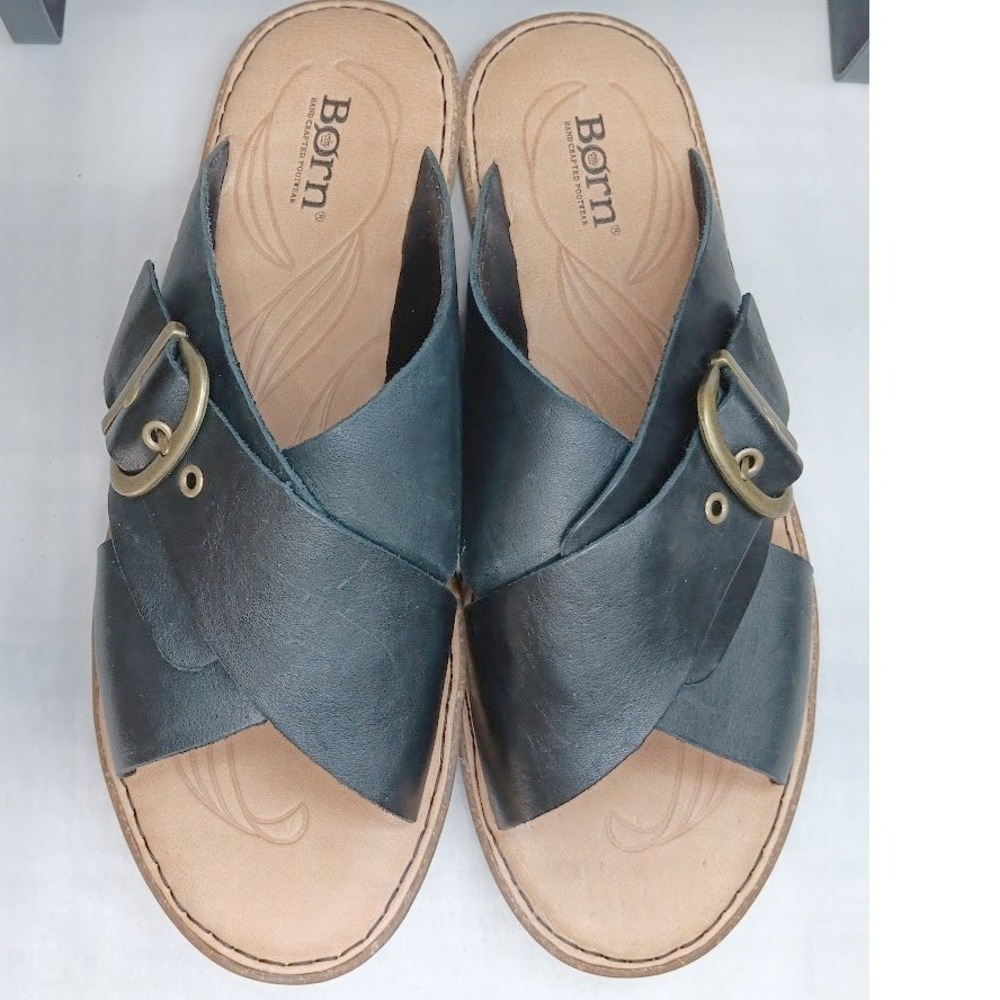 Born Rio Leather Slide Sandals Womens 11 Black Buckle Crisscross Excellent - Picture 5 of 10